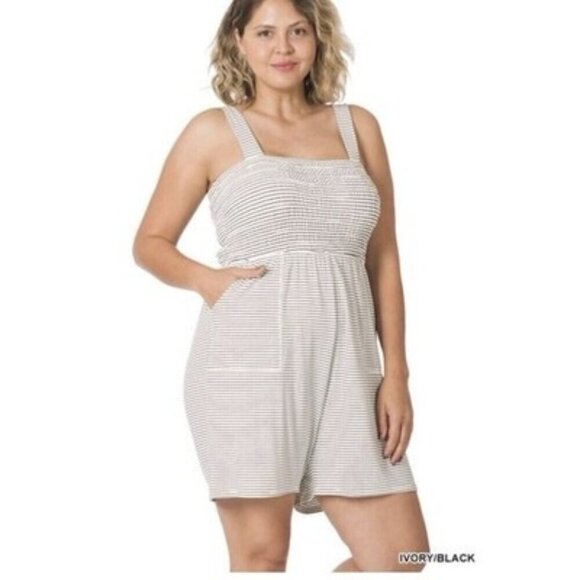 Zenana Ivory Black Striped Smocked Top Romper With Pockets Plus Size 2X - Picture 1 of 2
